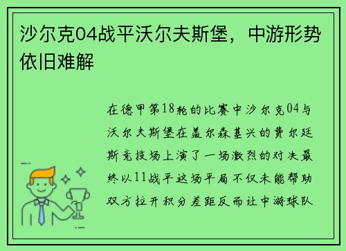 沙尔克04战平沃尔夫斯堡，中游形势依旧难解