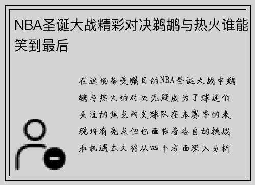 NBA圣诞大战精彩对决鹈鹕与热火谁能笑到最后